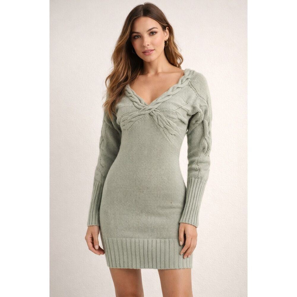 Arden B Cable Knit Sweater Dress XS Sage Green Bodycon Tunic